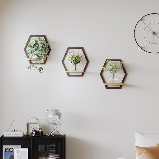 3 Pack Solid Wood & Heavy Duty Metal Wall Plant Stands,9 inch Natural Wood Shelf, Boho Arch Hanging Planter for Indoor 25 LB Load for Plants, Flowers, Herbs Coffee