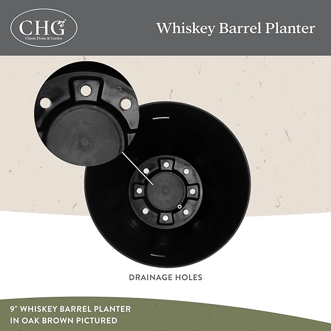 Classic Home and Garden Outdoor Whiskey Resin Flower Pot Barrel Planter, Walnut Brown, 20.5" (2 Pack)