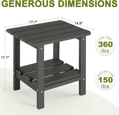 Adirondack Outdoor Side Table Set of 2, 2-Tier Small Patio End Table, Weather Resistant HDPE Outdoor End Tables for Garden, Lawn, Pool, Beach, Porch, Deck, Backyard - Square, Dark Gray
