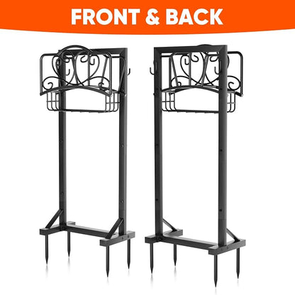 Stable Garden Hose Holder with Storage Basket and Tool Hooks, Heavy-Duty Garden Hose Storage Metal Hose Hanger Holds 160Ft, Rustproof Freestanding Water Hose Holder for Outside,Yard,Lawn,Farm