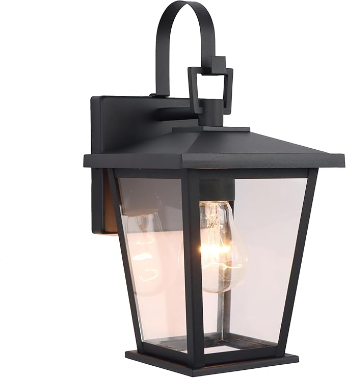 Kalium Outdoor Light Fixtures Wall Mount, Waterproof Exterior Wall Lanterns with Glass, Matte Black, Outside Wall Sconces, Front Porch Lighting for House Garage Doorway Patio 12.5 in