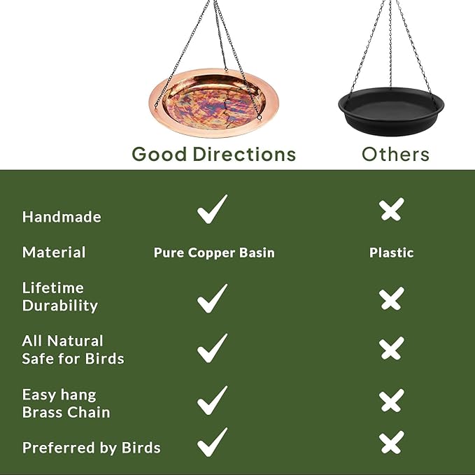 Good Directions Hanging Fire Copper Bird Bath for Outside Backyard, Outdoor, Patio, Garden, Birdbath Gift for Bird Lovers Watchers, Large 18" Pure Copper Metal