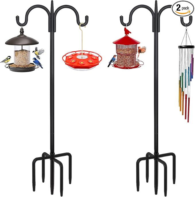 FEED GARDEN Adjustable Double Shepherds Hook for Outdoor with 5 Prong Base 108 Inch Heavy Duty Two Sided Bird Feeder Pole for Hanging Plant Baskets, Solar Light Lanterns, Wind Chimes 2 Pack
