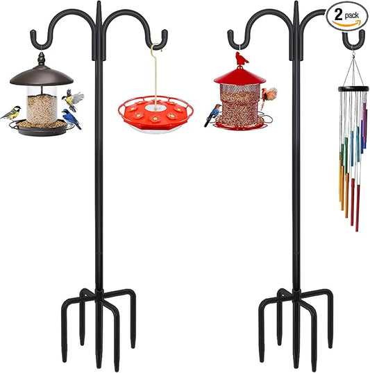 FEED GARDEN Heavy Duty Shepherds Hook 2 Pack 76" Double Hooks Adjustable (44/60/76") - Metal 5-Prong Base, 17lb Capacity - Easy Assembly Bird Feeder Pole for Hanging Planters, Lanterns, Wind Chimes