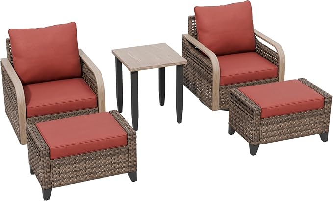 Modern Wicker Bistro Table and Chairs Set, Rattan Outdoor Bistro Set with Swivel Rocking Chairs, Ottomans & Table, 5 Pieces, Brown/Red