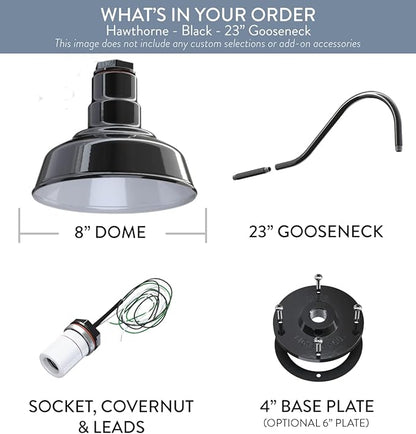 Steel Lighting Co. | Dusk to Dawn | Hawthorne Barn Light | Outdoor Wall Mounted | 8 in Dome | 23 inch Gooseneck| Small Farmhouse Light Made in America | Black Exterior/White Interior