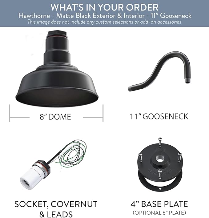 Steel Lighting Co. | Dusk to Dawn | Hawthorne Barn Light | Outdoor Wall Mounted | 8 in Dome | 11 inch Gooseneck| Small Farmhouse Light Made in America | Matte Black Exterior/Matte Black Interior