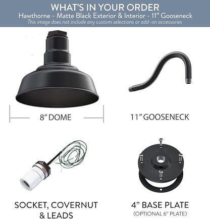 Steel Lighting Co. | Dusk to Dawn | Hawthorne Barn Light | Outdoor Wall Mounted | 8 in Dome | 11 inch Gooseneck| Small Farmhouse Light Made in America | Matte Black Exterior/Matte Black Interior