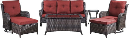 Wicker Patio Furniture-7 Pieces Rattan Patio Furniture Set Outdoor Patio Couch with Swivel Patio Chairs Ottomans and Coffee Table for Deck Poolside Backyard-Brown/Red