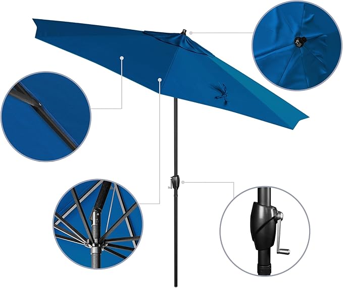 California Umbrella 9' Rd Aluminum Patio Umbrella, Crank Lift, Auto Tilt, Black Finish, 4yr Fade Warranty, Pacific Blue