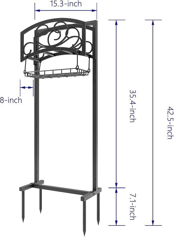 Kingson Freestanding Garden Hose Holder with Storage Basket - Heavy-Duty Black Powder-Coated Steel, Holds 150FT Hose, Detachable & Portable Design with Assembly Tools, Ideal for Outdoor Use