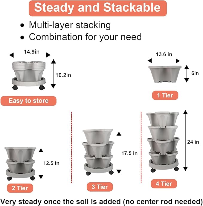 GameXcel Vertical Planter Tower- 4 Tier Stackable Garden Planter with Wheels and Tool Set – Grow Strawberries Herbs Flowers and Vegetables - Indoor Outdoor Use Gray