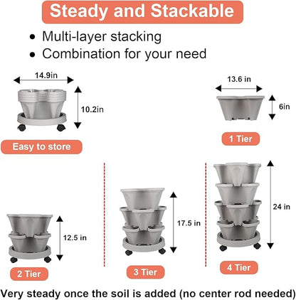 GameXcel Vertical Planter Tower- 4 Tier Stackable Garden Planter with Wheels and Tool Set – Grow Strawberries Herbs Flowers and Vegetables - Indoor Outdoor Use Gray
