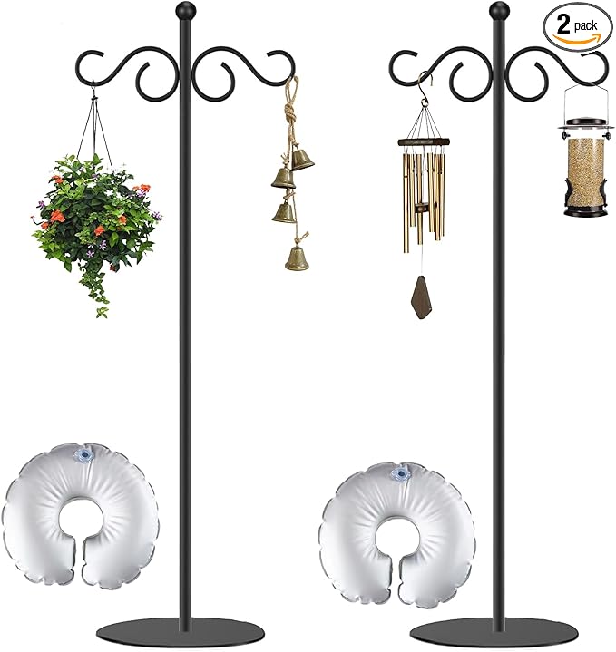 2 Set Shepherd's Hook Stand plant，Bird Feeder，Wind Chime Hanger Stand, Waterproof Metal & Adjustable-Height Standing Pole Holder for Lantern and Wreath, Indoor & Outdoor