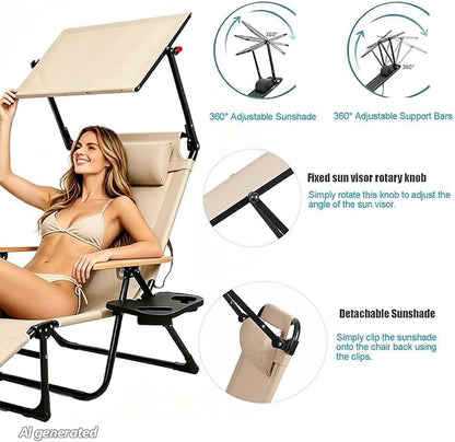 Folding Lounge Chair with Adjustable Canopy, Portable Sun Lounger with 4-Position Reclining Back, Outdoor Chaise Lounge with Arms, Tanning Chair for Beach Poolside Backyard Camping, 440LBS (Beige B)