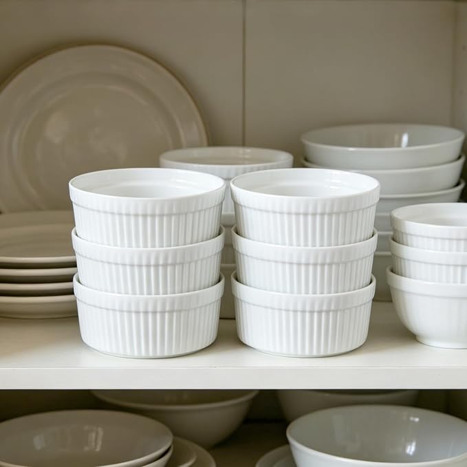 Cinf White 10 oz Set of 6 Souffle Dishes Ramekins Oven Microwave Safe Bowls Creme Brulee Sauce Cups for Baking Cooking Porcelain Individual Serving Size for Desserts