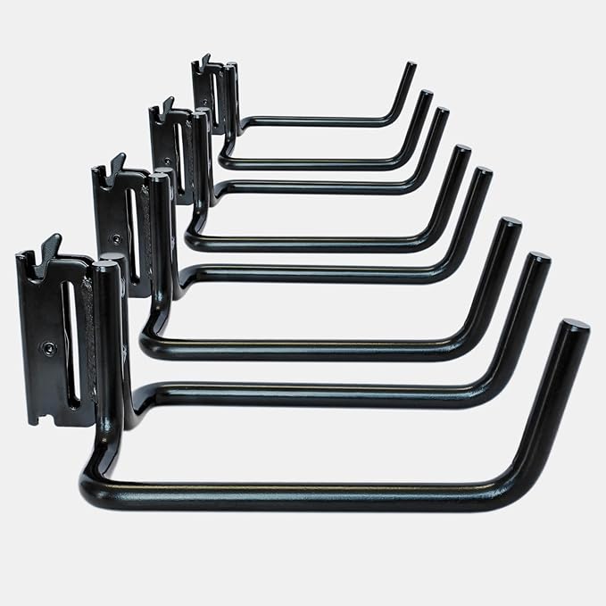 4 Pack E Track Double J Hooks, Heavy Duty Black Large Steel Shovel/Tool Hanger for Store Long Handled Tools, E Track Tie Down Accessories for Trailers, Trucks, Garden Tools Organizers Storage