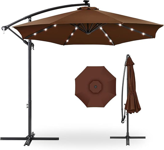 Best Choice Products 10ft Solar LED Offset Hanging Market Patio Umbrella for Backyard, Poolside, Lawn and Garden w/Easy Tilt Adjustment, Polyester Shade, 8 Ribs - Brown