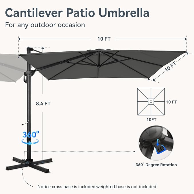 GREEN PARTY 10x10 ft Cantilever Patio Umbrella with Base, Rectangle Offset Outdoor Umbrellas with 360° Rotation, 5-Year-Non-Fading Hanging Pool Umbrella for Garden Deck Poolside - Grey