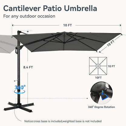 GREEN PARTY 10x10 ft Cantilever Patio Umbrella, Rectangle Offset Outdoor Umbrellas with 360° Rotation, 5-Year-Non-Fading Hanging Pool Umbrella for Garden Deck Poolside - Grey