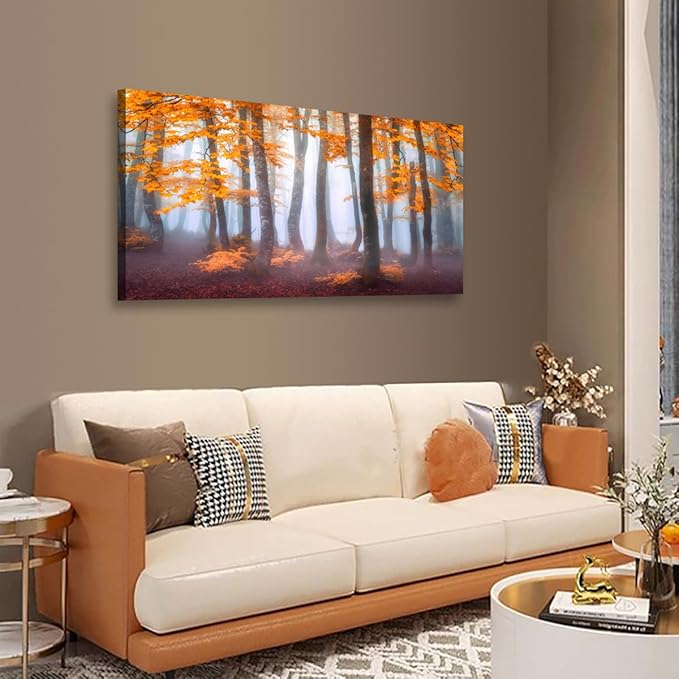Orange Maple Leaf Tree Canvas Wall Art for Living room Office Bedroom Mist Forest Wall Art Print Paintings Modern Nature Autumn Landscape Pictures Wall Decor Artwork Ready to Hang - 20in * 40inch
