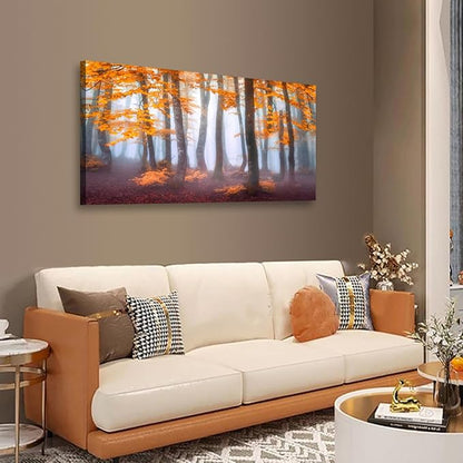 Orange Maple Leaf Tree Canvas Wall Art for Living room Office Bedroom Mist Forest Wall Art Print Paintings Modern Nature Autumn Landscape Pictures Wall Decor Artwork Ready to Hang - 20in * 40inch
