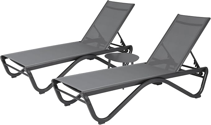 Kozyard Outdoor Chaise Lounge Chair, All Aluminum Frame and Textilene Fabric, Fully Flat Adjustable Reclining Patio Lounger for Poolside, Sunbathing & Backyard, Gray, 2Chairs + Table