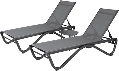 Kozyard Outdoor Chaise Lounge Chair, All Aluminum Frame and Textilene Fabric, Fully Flat Adjustable Reclining Patio Lounger for Poolside, Sunbathing & Backyard, Gray, 2Chairs + Table