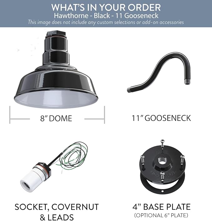 Steel Lighting Co. | Dusk to Dawn | Hawthorne Barn Light | Outdoor Wall Mounted | 8 in Dome | 11 inch Gooseneck| Small Farmhouse Light Made in America | Black Exterior/White Interior