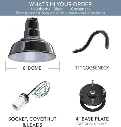 Steel Lighting Co. | Dusk to Dawn | Hawthorne Barn Light | Outdoor Wall Mounted | 8 in Dome | 11 inch Gooseneck| Small Farmhouse Light Made in America | Black Exterior/White Interior