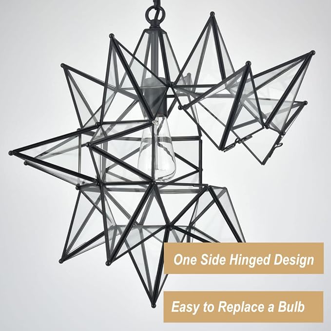 DIRYZON Boho Moravian Star Pendant Light 20 Inch Large Black Hanging Ceiling Light，Modern Clear Glass Pendant Lighting for Kitchen Island Porch Bedroom