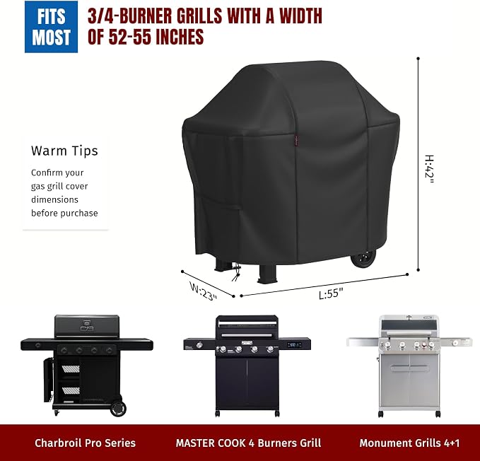 SHINESTAR 55 Inch Grill Cover for 45-48" 2-3 Burner Gas Grills, Heavy Duty Oxford Fabric BBQ Cover Waterproof UV Protection, Windproof with Magic Tape & Drawstring Bottom