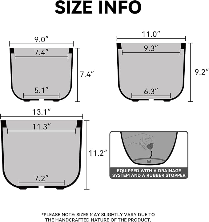Kante 13",11",9" Dia Black Round Planters (Set of 3), Outdoor Indoor Modern Planter Pots, Lightweight, Weather Resistant, Seamless with Drainage Hole