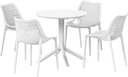 Costaelm Dining Table for 4 with Chair, HDPE Patio Round Dining Table and Stackable Chair, Outdoor Patio Furniture All Weather for Backyard Porch Poolside, White