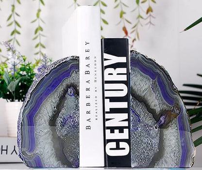 JIC Gem Purple Agate Bookends Geode Book Ends Decorativer Crystal Bookends for Heavy Duty with Rubber Bumpers (1 Pair, 6-8 LBS)