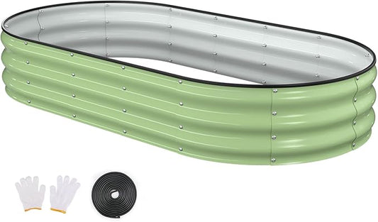 Raised Garden Bed, 6x3x1ft Galvanized Outdoor Planter Beds with Safety Edging and Gloves, Oval Metal Planter Box for Gardening Vegetables Flowers Herb-Green
