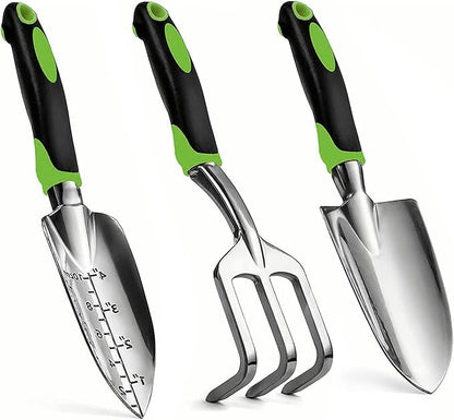Gardening Hand Tool Set 3 Pack - MDSXO Heavy Duty Gardening Kit with Non-Slip Soft Ergonomic Handle, Great Garden Gift for Women Men[Stainless Steel]