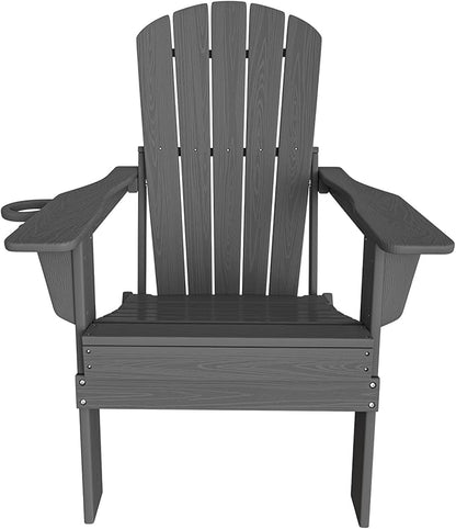 Plawdlik Folding Adirondack Chair, SGS Tested, Wooden Textured with Cup Holder, Heavy All-Weather HDPE Comfortable Set Poolside Backyard Lawn Grey