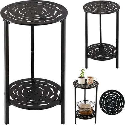 2 Packs Two-tier Metal Round Side Table Black Accent Coffee Tables Small Space Corner Plant Stand Shelf for Indoor Outdoor Use Patio Balcony End Table Laser-Cut Floral Pattern Weather-Resistant