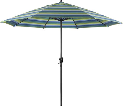 California Umbrella 9' Rd Aluminum Patio Umbrella, Crank Lift, Auto Tilt, Black Finish, Sunbrella Seville Seaside
