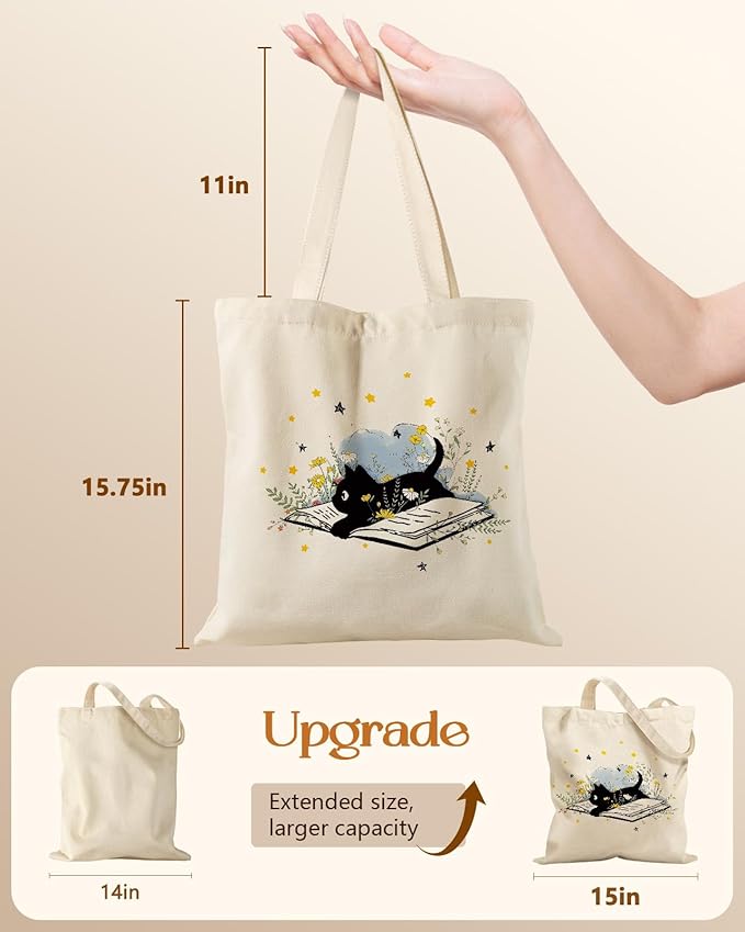 Miss Adola Canvas Tote Bag for Women – Aesthetic Canvas Bag with Zipper Cute Stylish Reusable Shoulder Totes for Shopping Work Daily Vacation, Cat Read