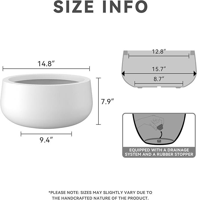Kante 15.7" Dia Round Concrete Planter, Outdoor Indoor Garden Plant Pots with Drainage Hole and Rubber Plug, Modern Curvaceous Design, Pure White