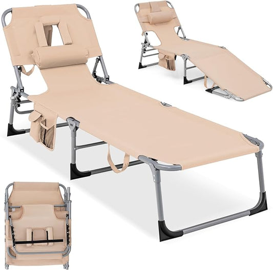 COSTWAY Tanning Chair with Face Hole, Folding Beach Lounge Chair | 4-Position Adjustable Backrest, Pillow & Side Pocket, Foldable Chaise Lounge Chair Outdoor for Sunbathing, Camping (1, Beige)