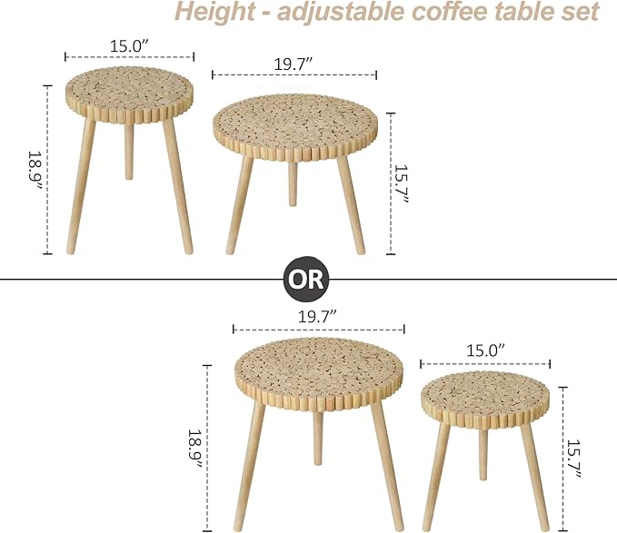 Round Coffee Table Set of 2, Farmhouse Nesting Coffee Table, Small Circle Wood Coffee Table, Mid Century Modern Nightstand, Boho Patio Side Table End Tables for Living Room Bedroom Balcony Outdoor