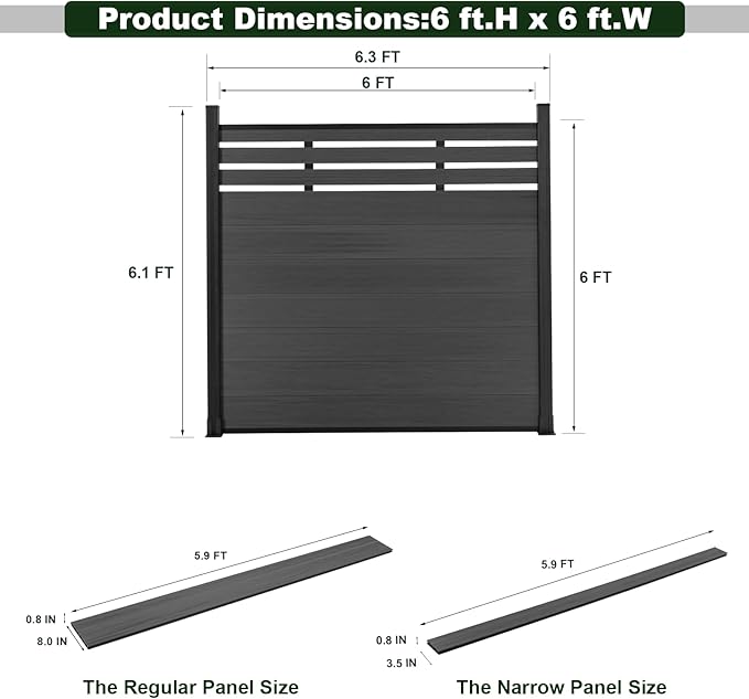Mondaria Semi-Closed Privacy Fence Panels with 1 Post for Outside, 6ft(W) x 6ft(H), Wind Resistant Wood Plastic Composite Fencing Panels for Patio, Backyard, Garden and Pool, Gray