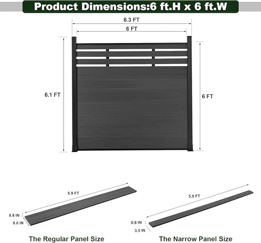 Mondaria Semi-Closed Privacy Fence Panels with 1 Post for Outside, 6ft(W) x 6ft(H), Wind Resistant Wood Plastic Composite Fencing Panels for Patio, Backyard, Garden and Pool, Gray