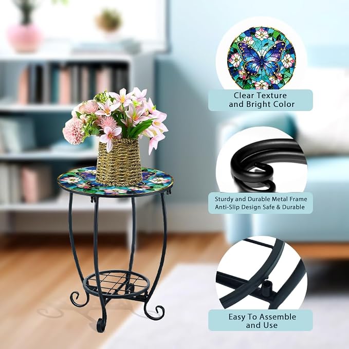 Outdoor Metal Side Table 13.3" W x 16.9" H Small Round Patio Table Printed with Butterfly Pattern for Balcony,Terrace,Garden