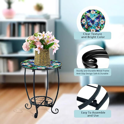 Outdoor Metal Side Table 13.3" W x 16.9" H Small Round Patio Table Printed with Butterfly Pattern for Balcony,Terrace,Garden