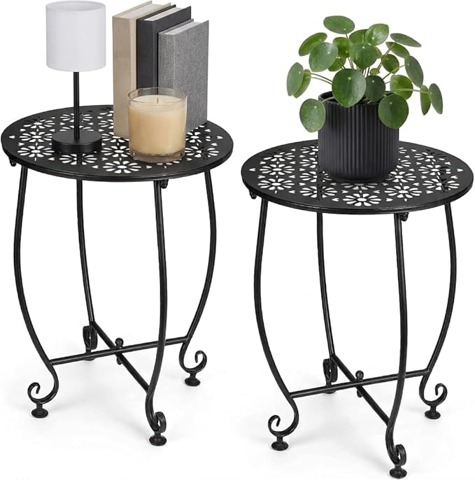 2 Pack 14 Inch Outdoor Side Tables for Patio, Weather Resistant Round Coffee Table,Plant Stand,Small Round Outdoor End Table for Patio,Yard Porch Balcony Garden