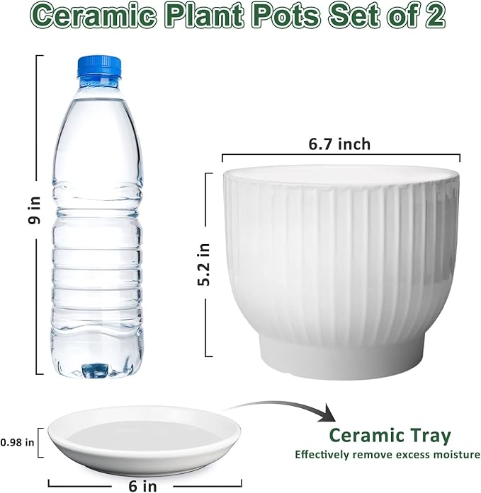 Ceramic Plant Pots,6.7 Inch,Set of 2,Planters with Drainage Hole and Saucer,Flower pots for Indoor Plants,Modern Design(Pure White,2 Pack)